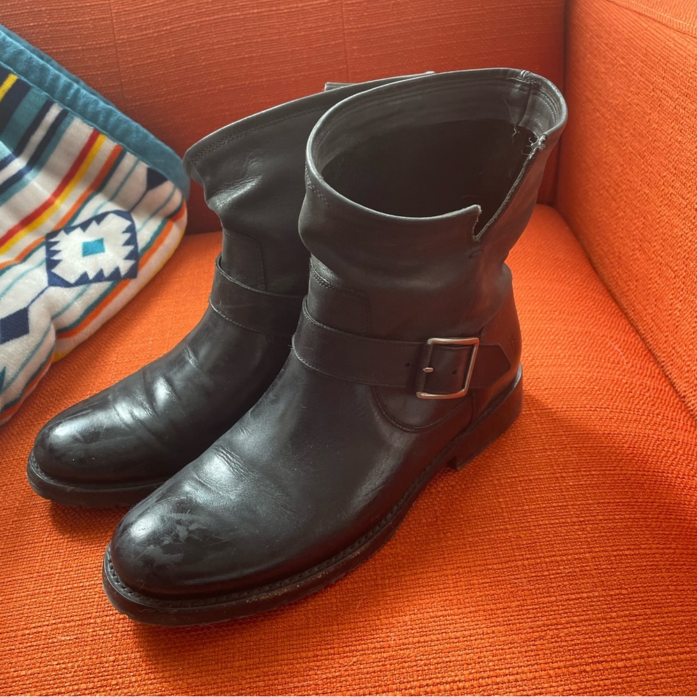 Frye pull on buckle leather boots
